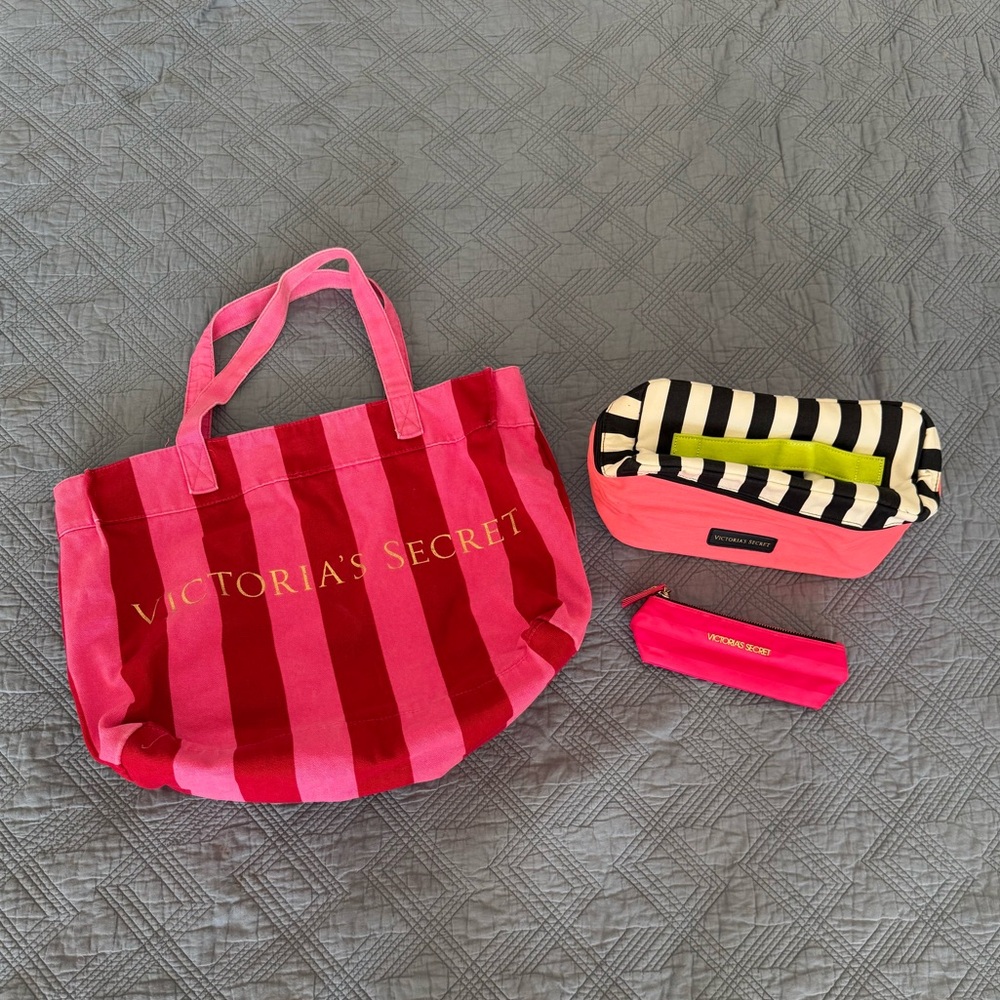 Victoria's Secret red and pink tote with under garment pouch and makeup bag
